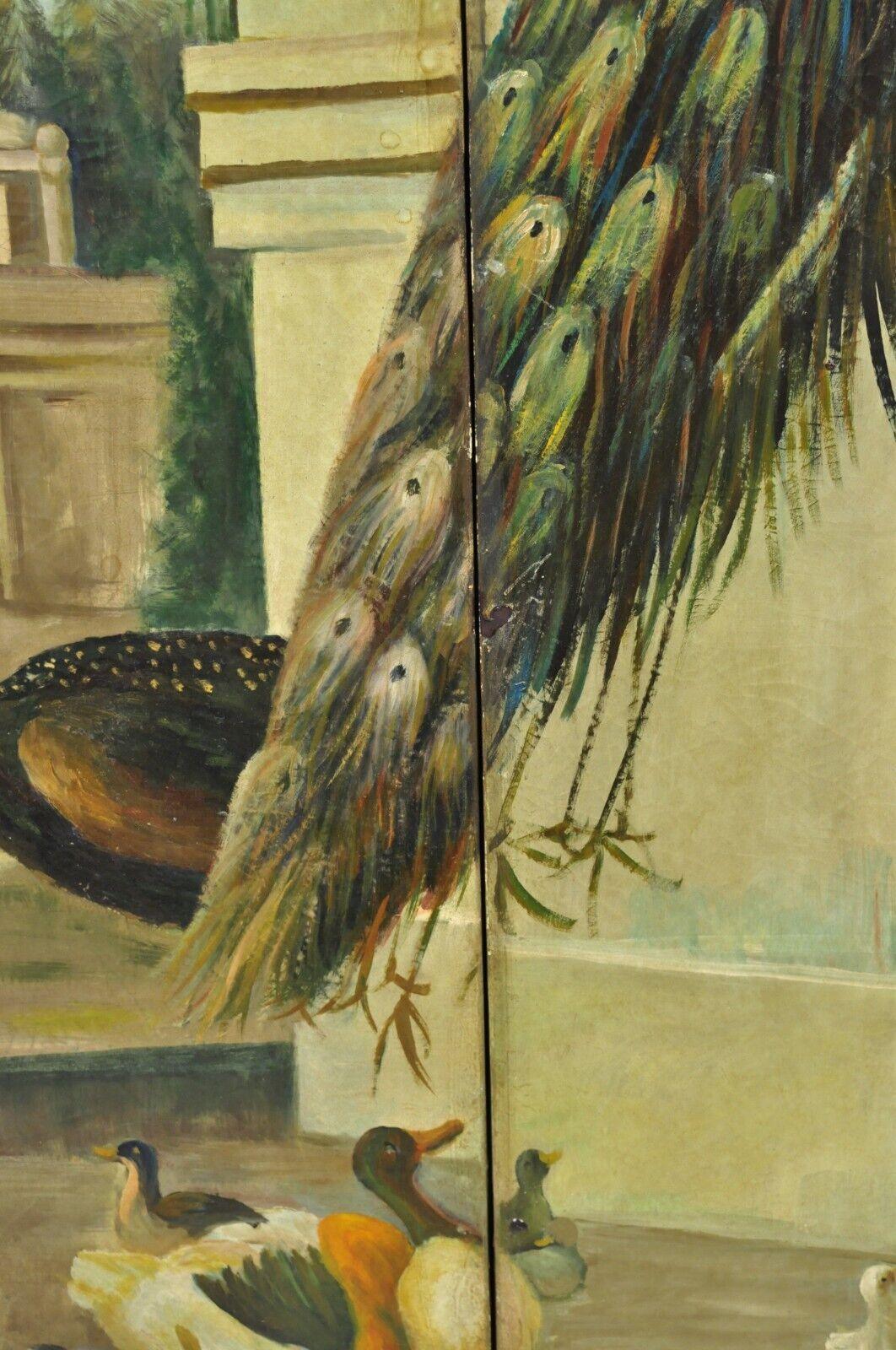 Venetian Hand Painted Oil on Canvas 4 Section Peacock Bird Screen Room Divider