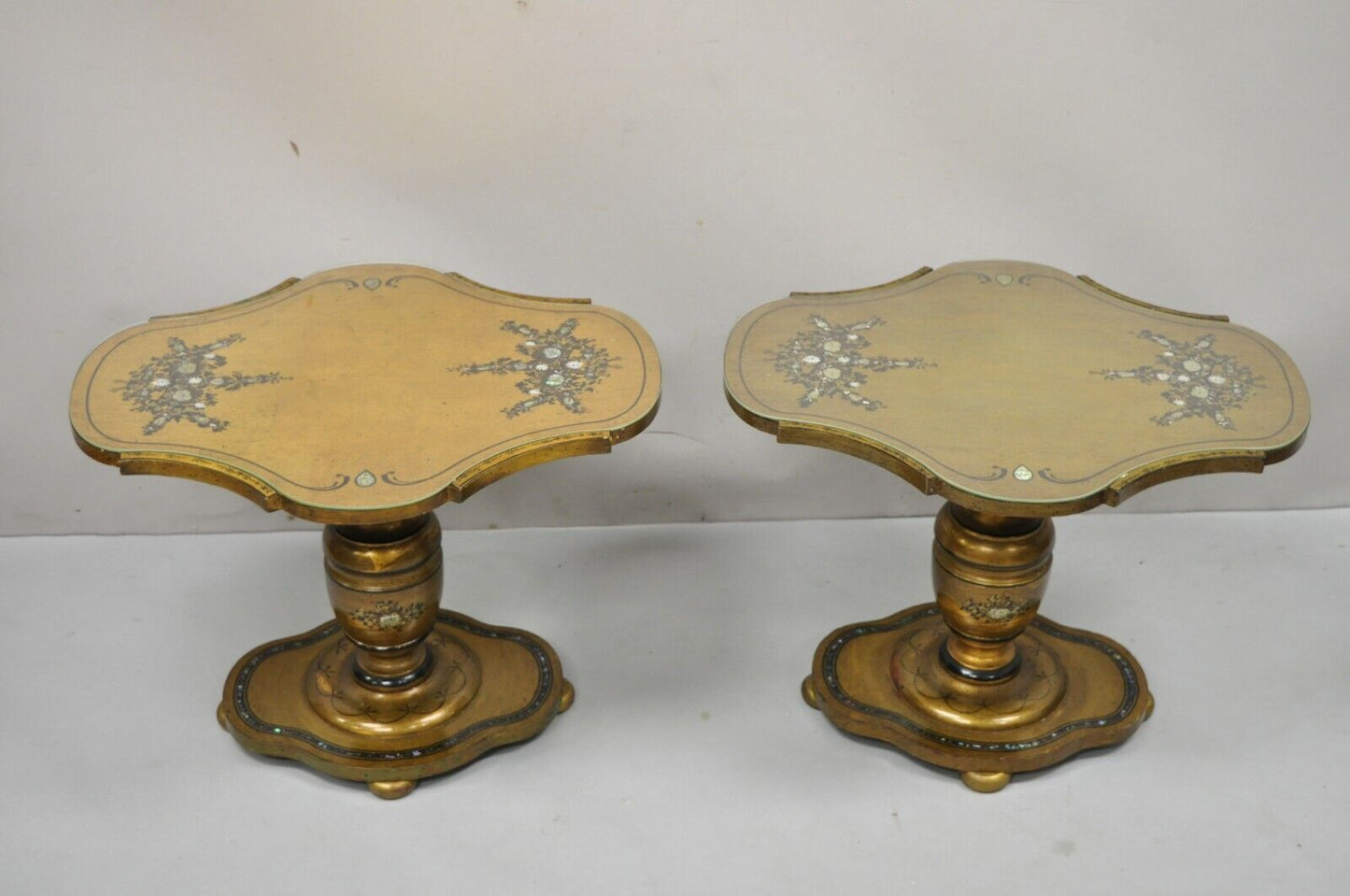 Mediterranean Gold Leaf Low Pedestal Side Tables Mother of Pearl Inlay - a Pair