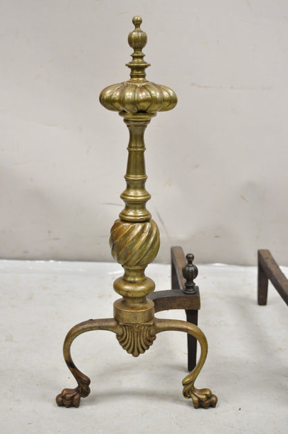 Antique French Empire Style Bronze Brass Spiral Column Andirons- a Pair