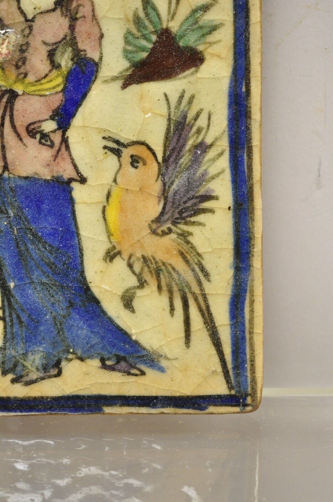 Antique Persian Iznik Qajar Style Ceramic Pottery Tile Woman and Bird C5
