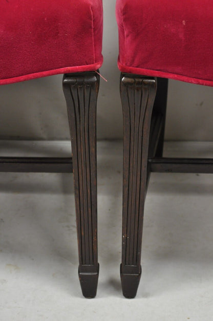 Antique Edwardian Floral Carved Mahogany Red Mohair Dining Chairs - Set of 4