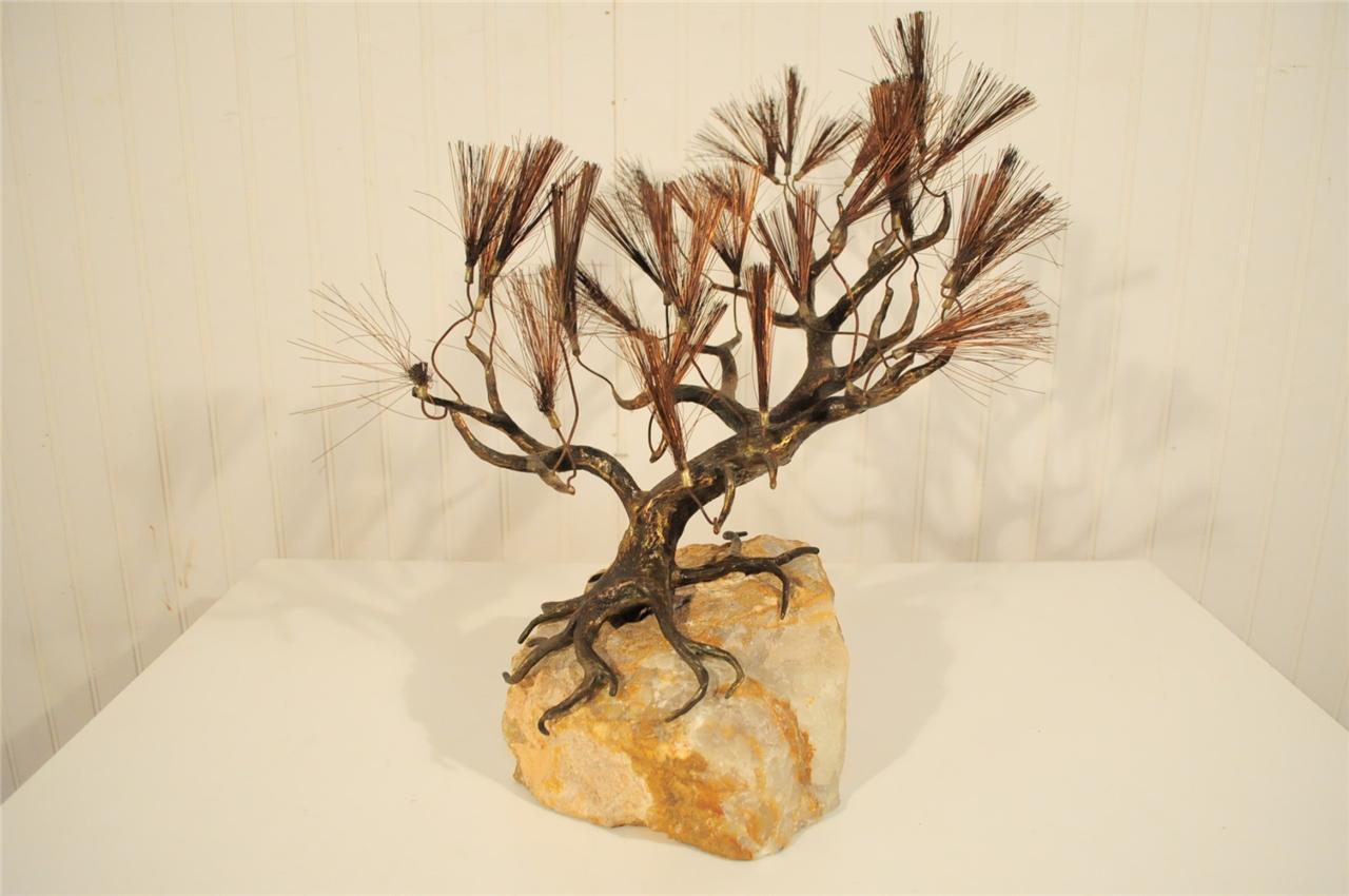 Mid Century Modern Curtis C Jere Brutalist Cypress Tree Bronze Onyx Sculpture