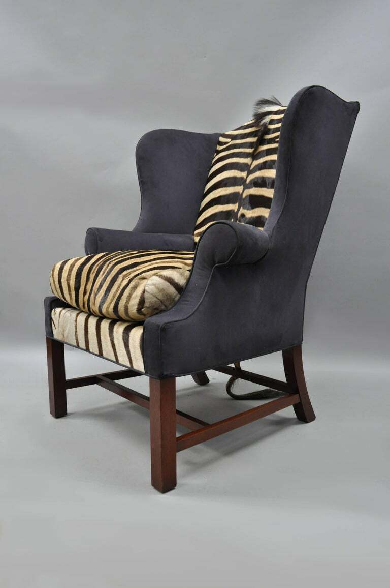 Zebra Hide Blue Suede Mahogany English Georgian Style Wingback Library Chair