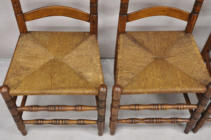 Antique Ladderback Primitive Rustic Oak Wood Rush Seat Dining Chairs - Set of 4