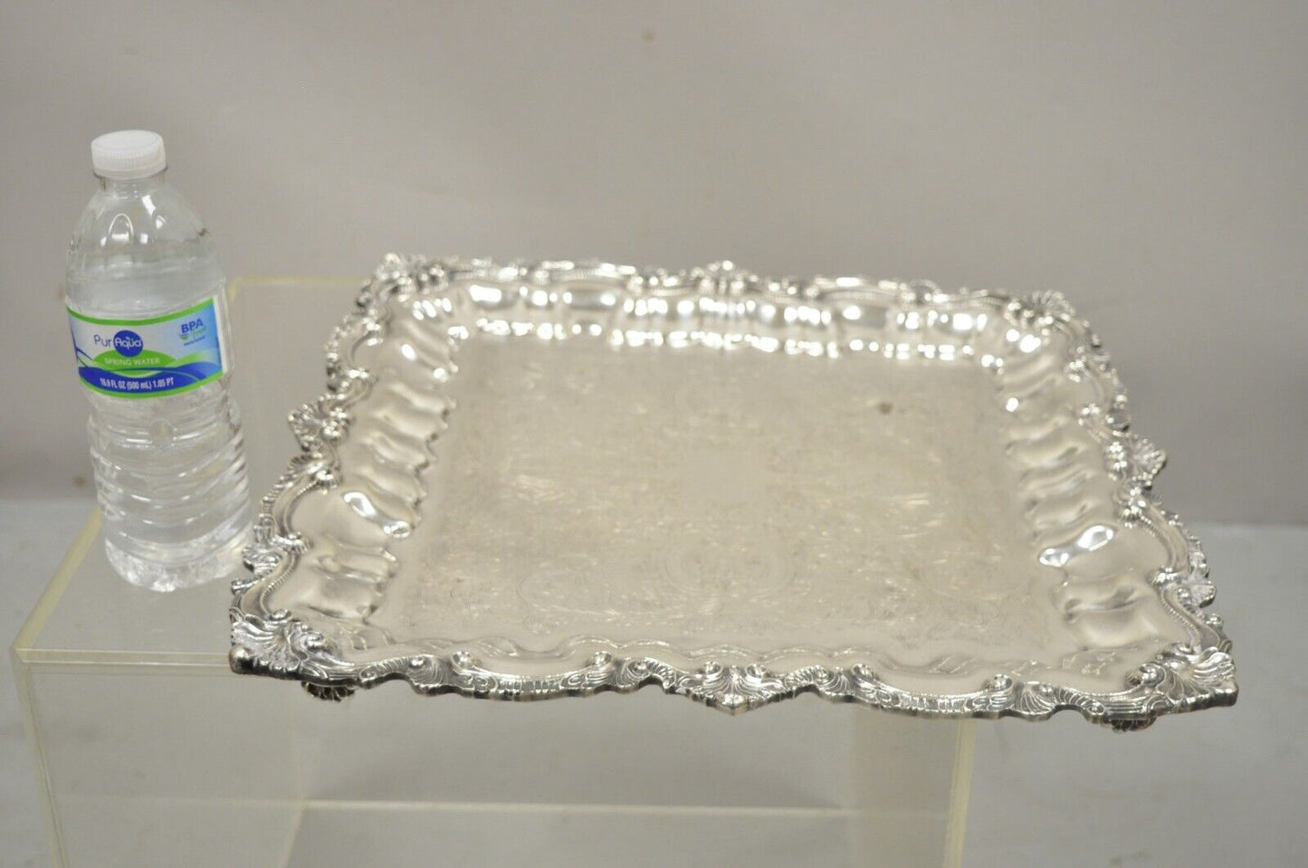 Chippendale by Wallace X 120 Silver Plate 16" Square Shell Platter Tray on Feet