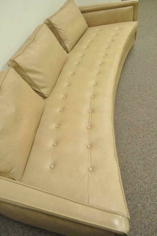 Harvey Probber Long Curved Button Tufted Beige Leather Mid Century Modern Sofa