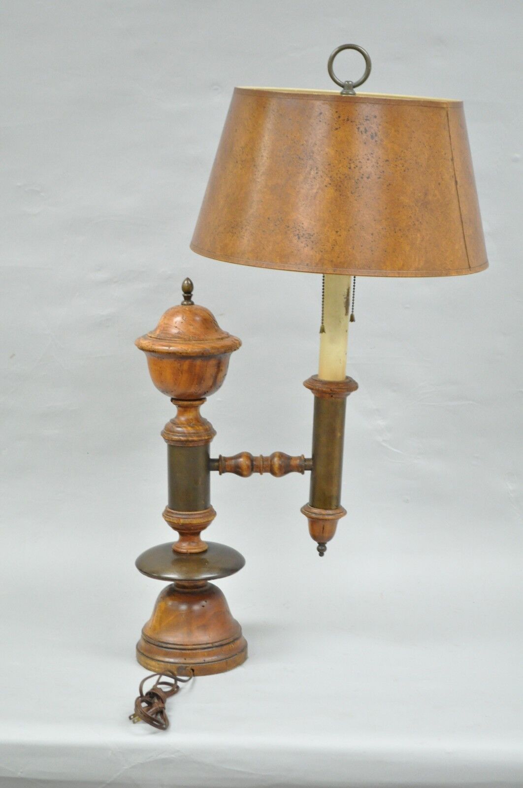 Vintage Distressed Wood & Brass French Country Rustic Table Desk Bouillotte Lamp