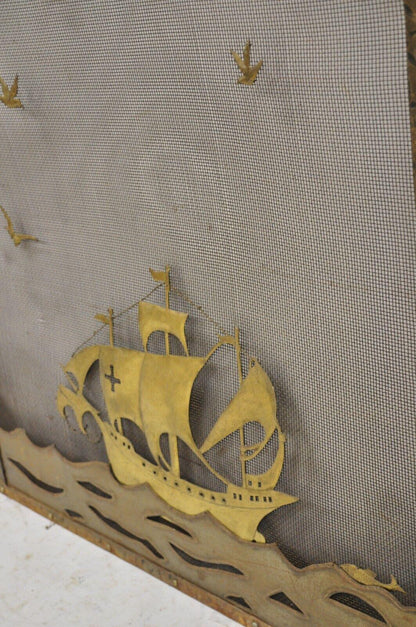 Vintage Nautical Clipper Ship Boat Metal Folding Fireplace Screen Firescreen