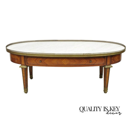 French Louis XVI Style Oval Marble Top Bronze & Satinwood Coffee Table w/ Drawer