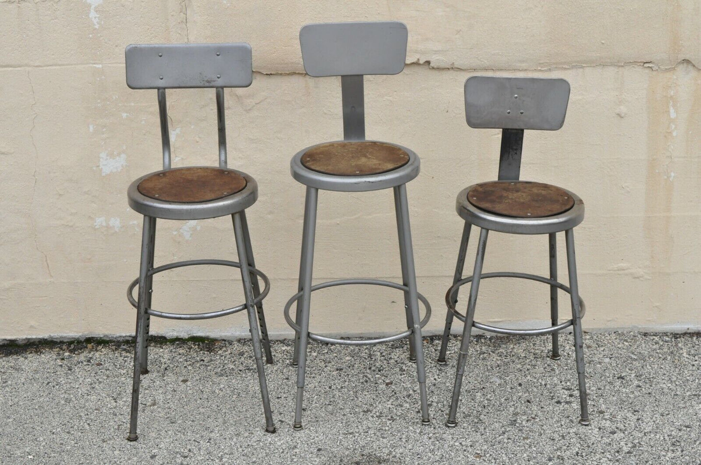 Group Lot of Six Vintage Industrial Steel Metal Drafting Work Stools Chairs