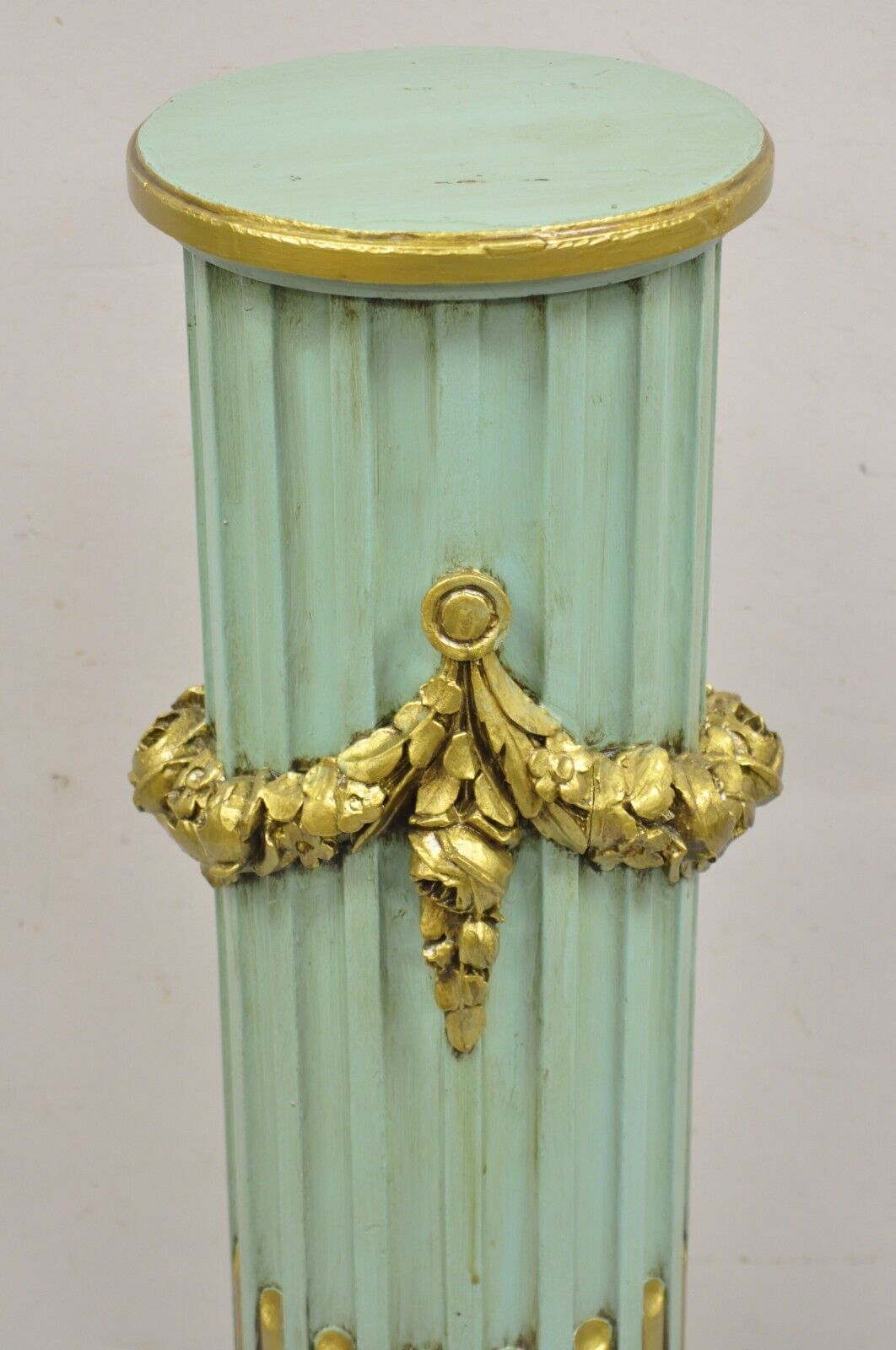 Italian Neoclassical French Empire Green & Gold Painted Wooden Column Pedestal