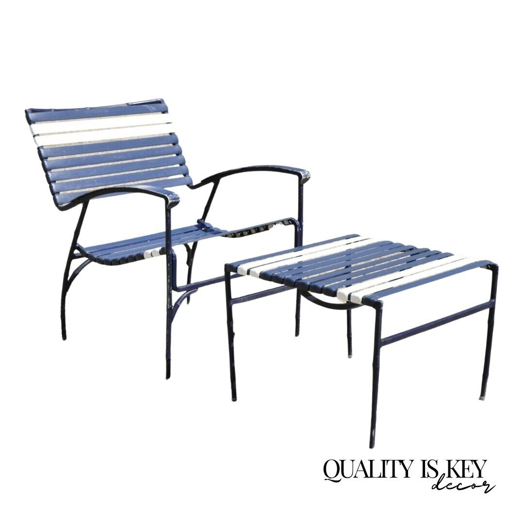 Vintage Faux Bamboo Aluminum Vinyl Straps Blue Patio Lounge Chair and Ottoman