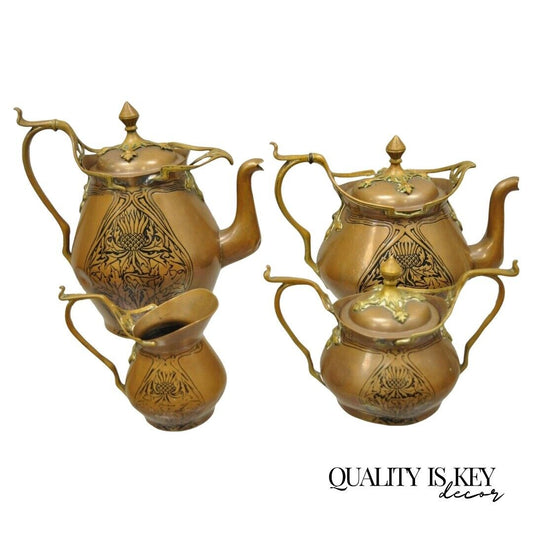 Carl Deffner Copper German Art Nouveau Thistle Tea Set - 4 pc Set