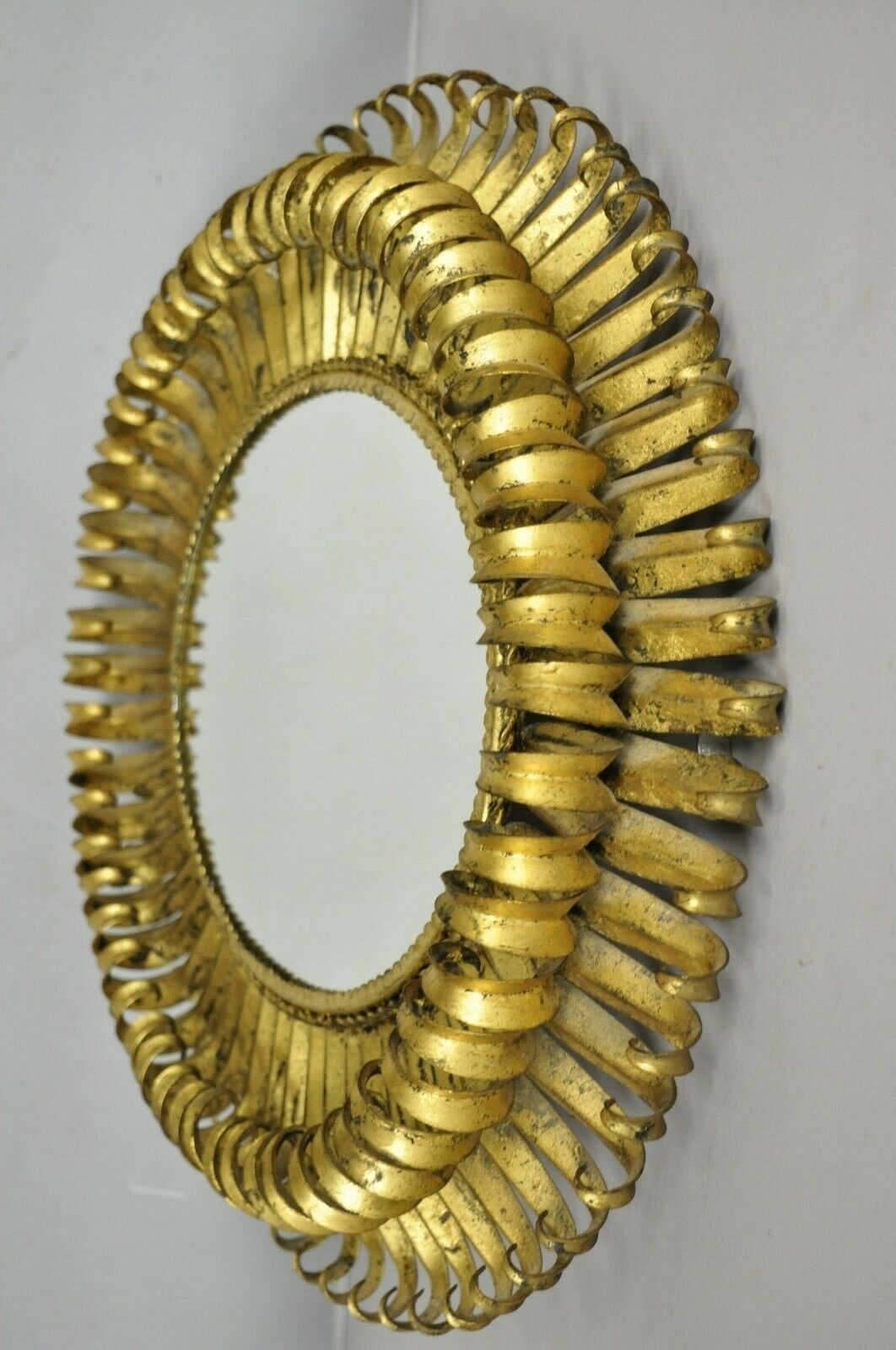 Vtg Italian Hollywood Regency Gold Gilt Iron Metal 24" Oval Sunburst Wall Mirror