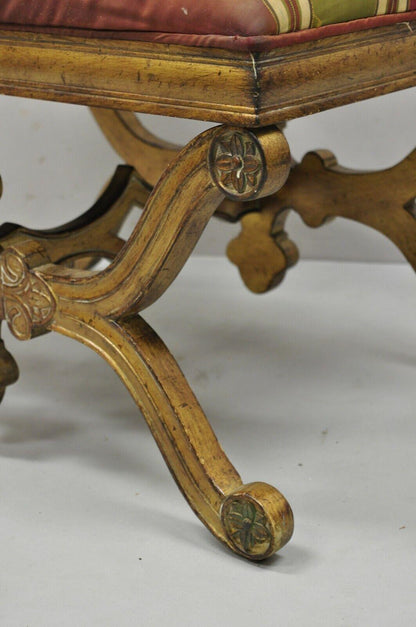 Vintage Spanish Regency Carved Wood X-Frame Gold Upholstered Stool Bench