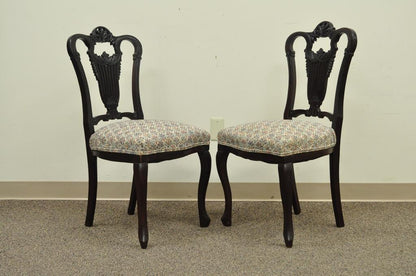 Pair of Small Antique Victorian Carved Mahogany Lyre Back Accent Side Chairs