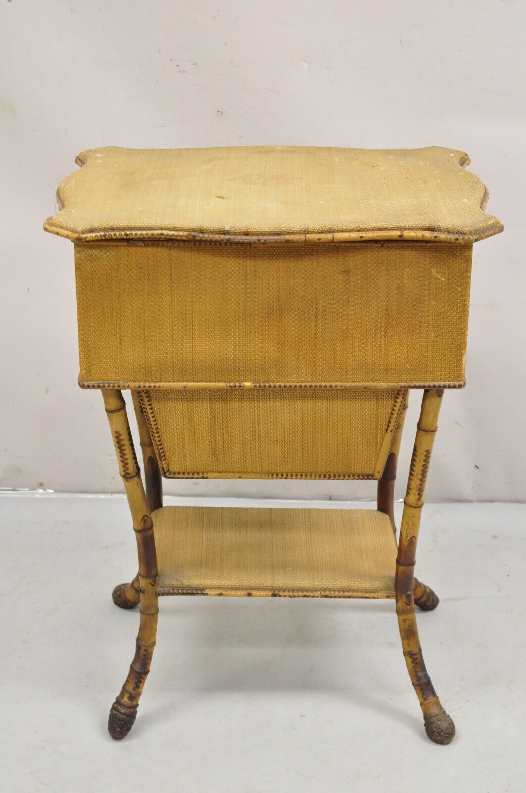 Antique English Victorian Bamboo Rattan Sewing Box Work Stand Side Table