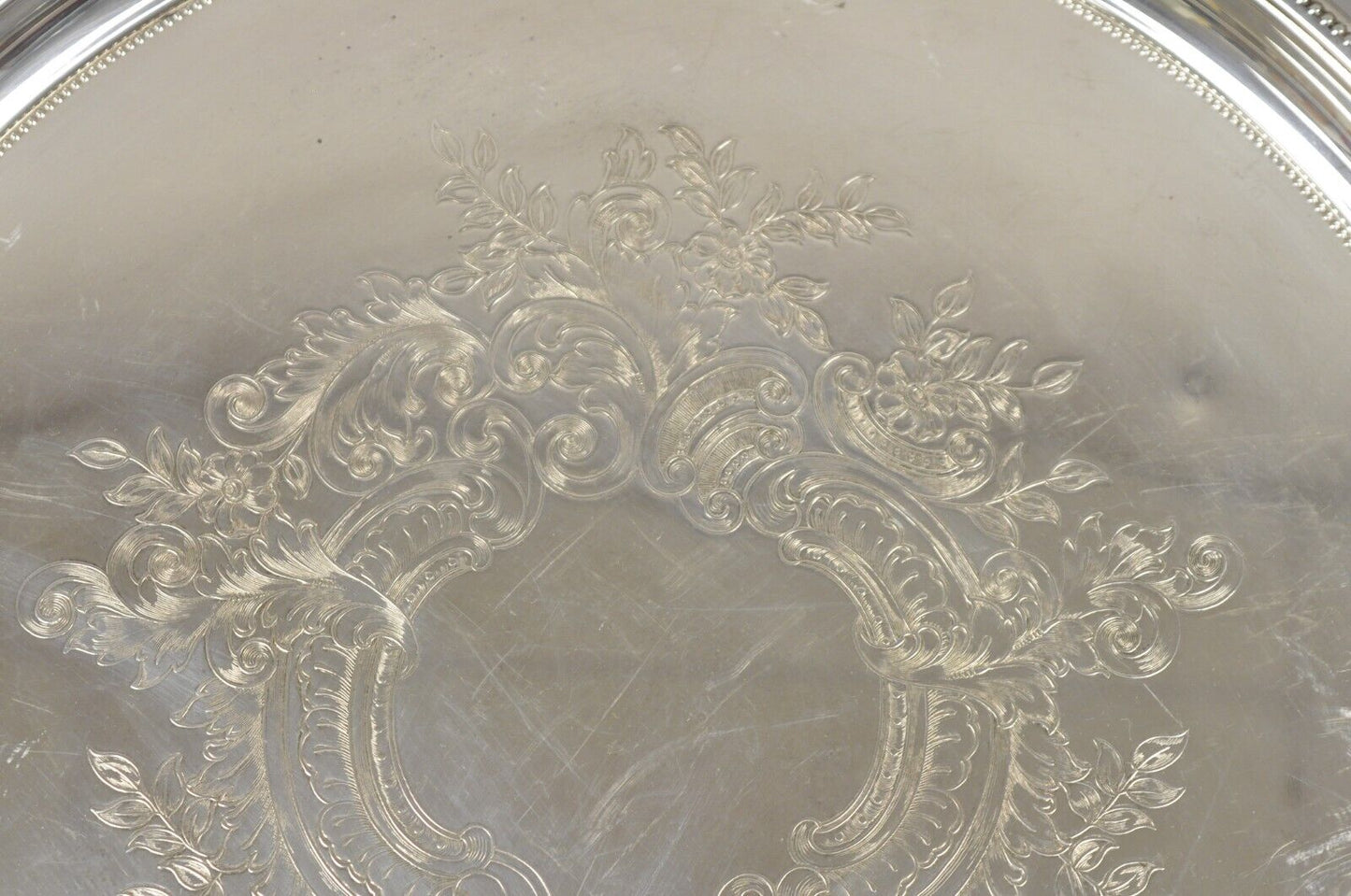 Vintage Victorian Style 17.5" Round Floral Etched Serving Platter Tray