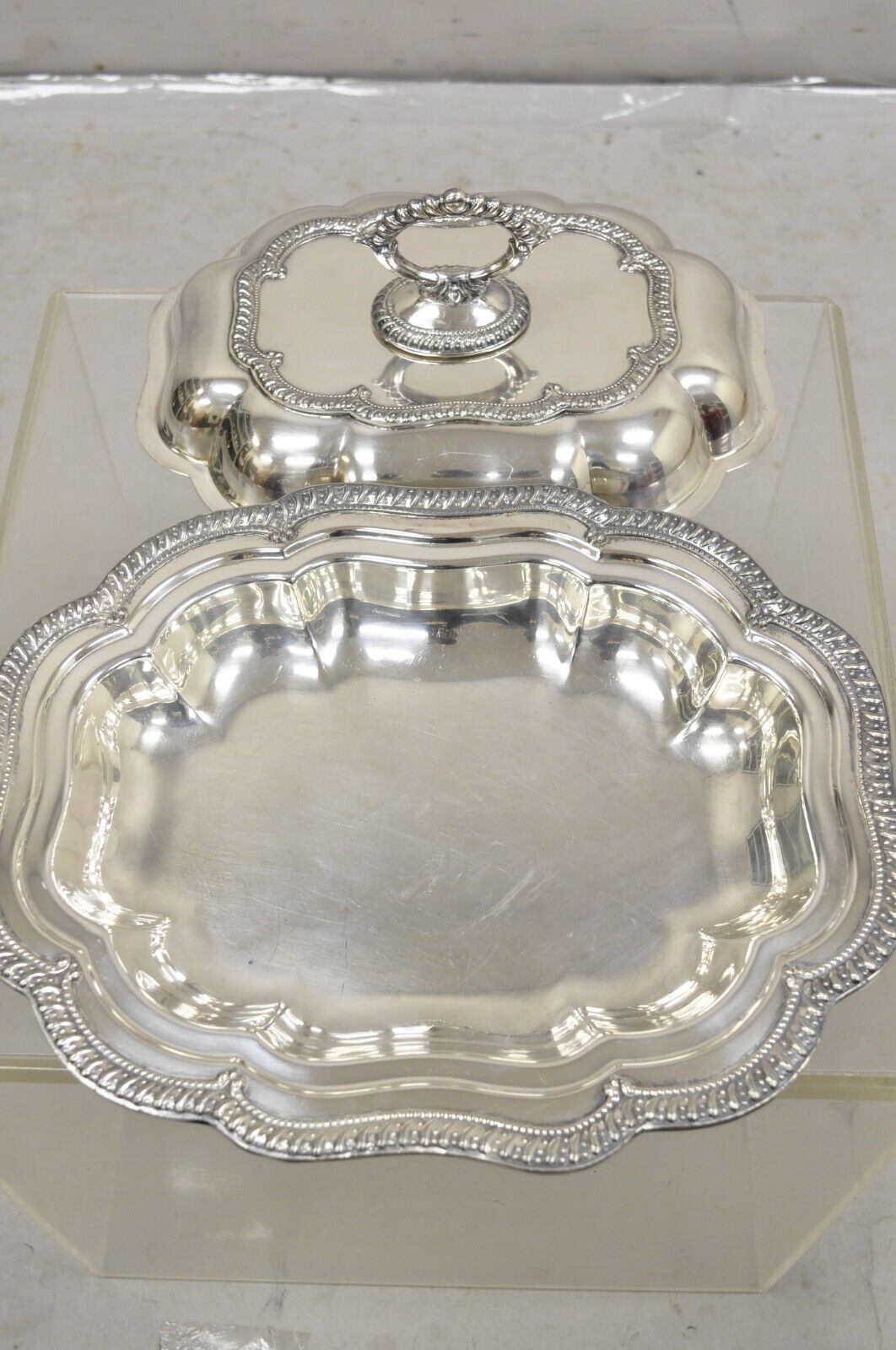 Vintage English Victorian Silver Plated Scalloped Covered Serving Platter Dish