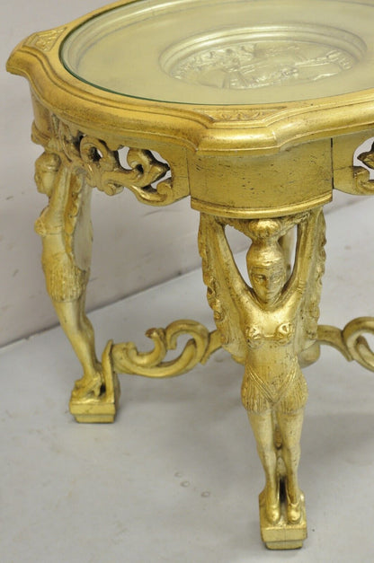 Vintage Art Deco Carved Female Dancer Silver Gold Round Coffee Side Table