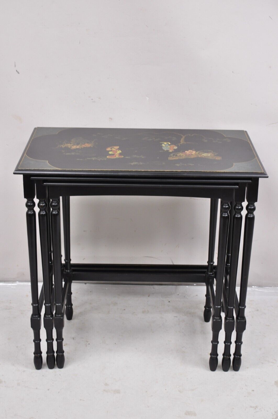 Vtg Chinoiserie Asian Inspired Black Nesting Side Tables by Paalman - Set of 3