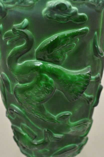 Vintage Art Deco Green Glass "Malachite" Bird and Fish Vessel Vase