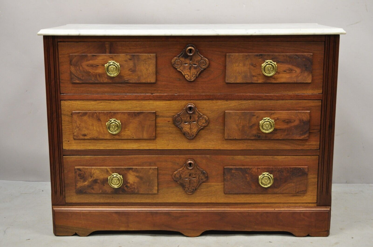 Eastlake Victorian White Marble Top Burl Walnut 3 Drawer Commode Dresser Chest