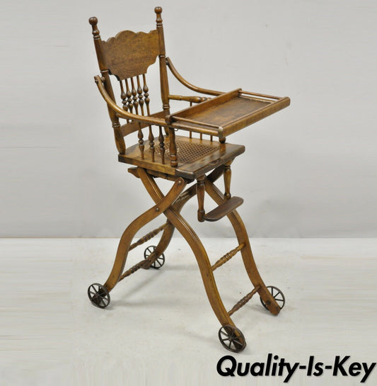 Antique Oak Convertible Pressed Back Victorian High Chair Baby Stroller