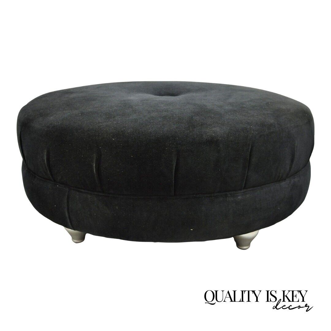 Modern Black Button Tufted 38" Round Ottoman Silver Legs by Carter