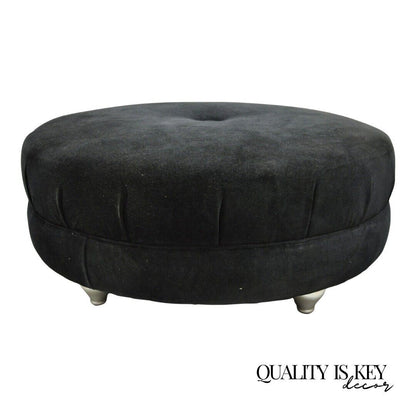 Modern Black Button Tufted 38" Round Ottoman Silver Legs by Carter