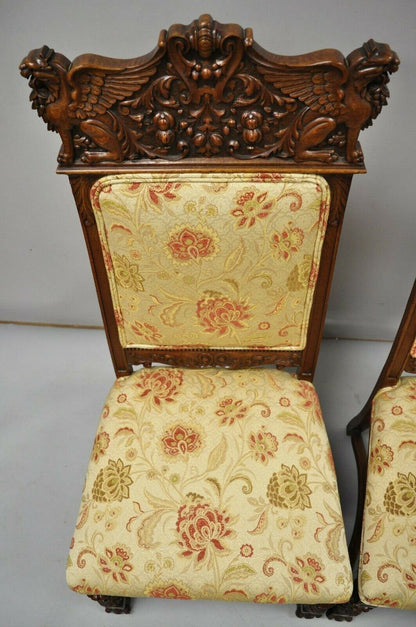 Pair 19th C. Carved Oak Winged Griffin Paw Foot Dining Chairs Attr. RJ Horner