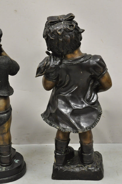 Cast Bronze Victorian Style 29" Little Boy and Girl Statue Figure - a Pair