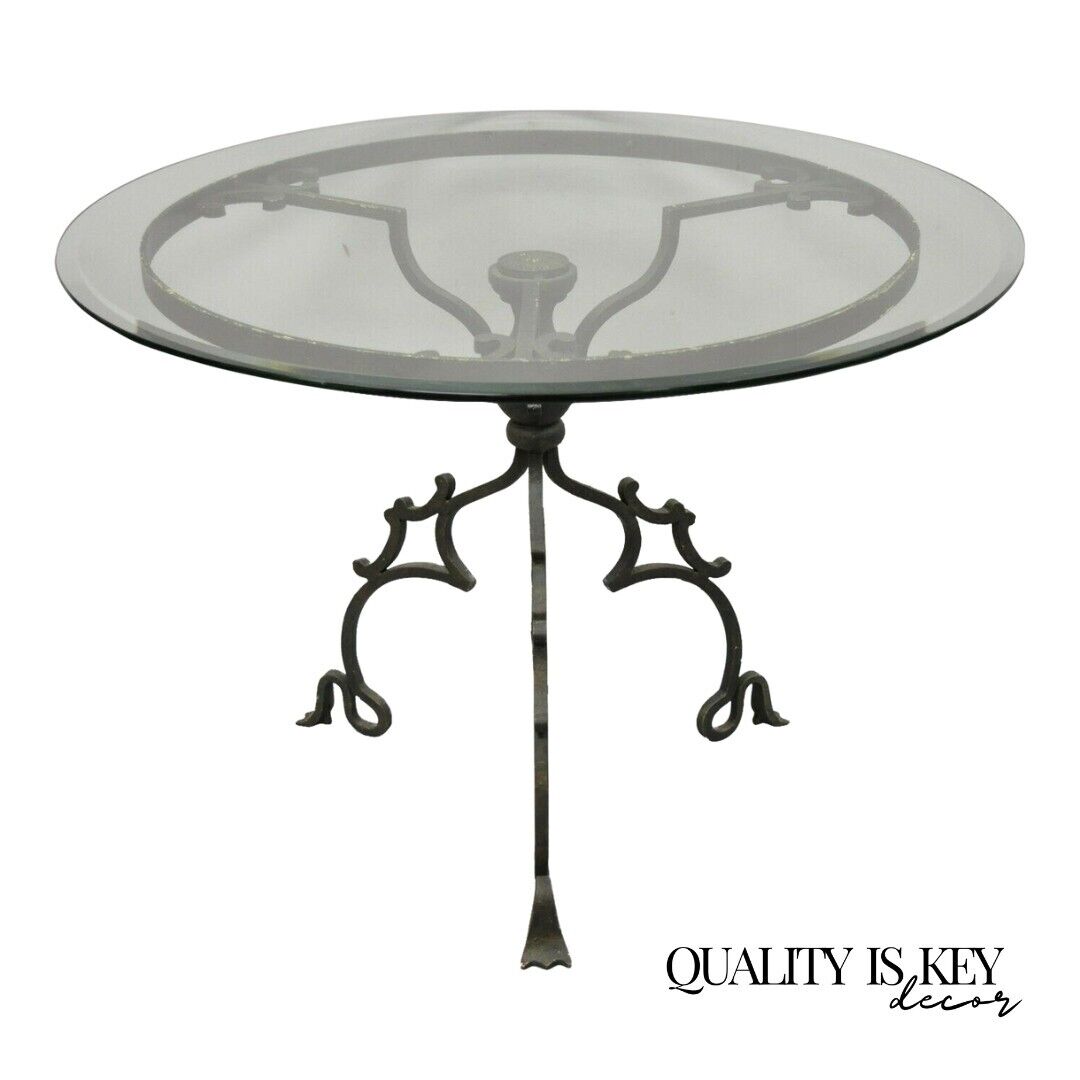 Wrought Iron Gothic Style Scrolling Base Round Glass Top Center Table