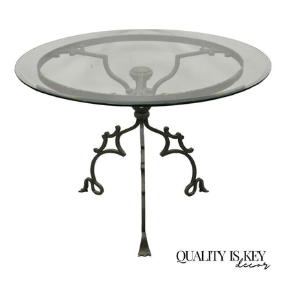 Wrought Iron Gothic Style Scrolling Base Round Glass Top Center Table