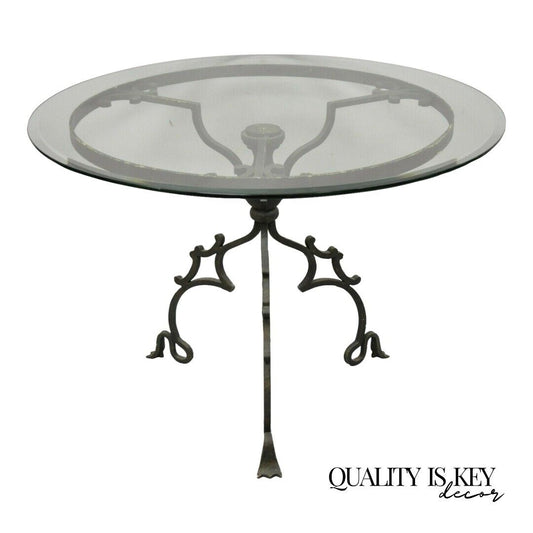 Wrought Iron Gothic Style Scrolling Base Round Glass Top Center Table