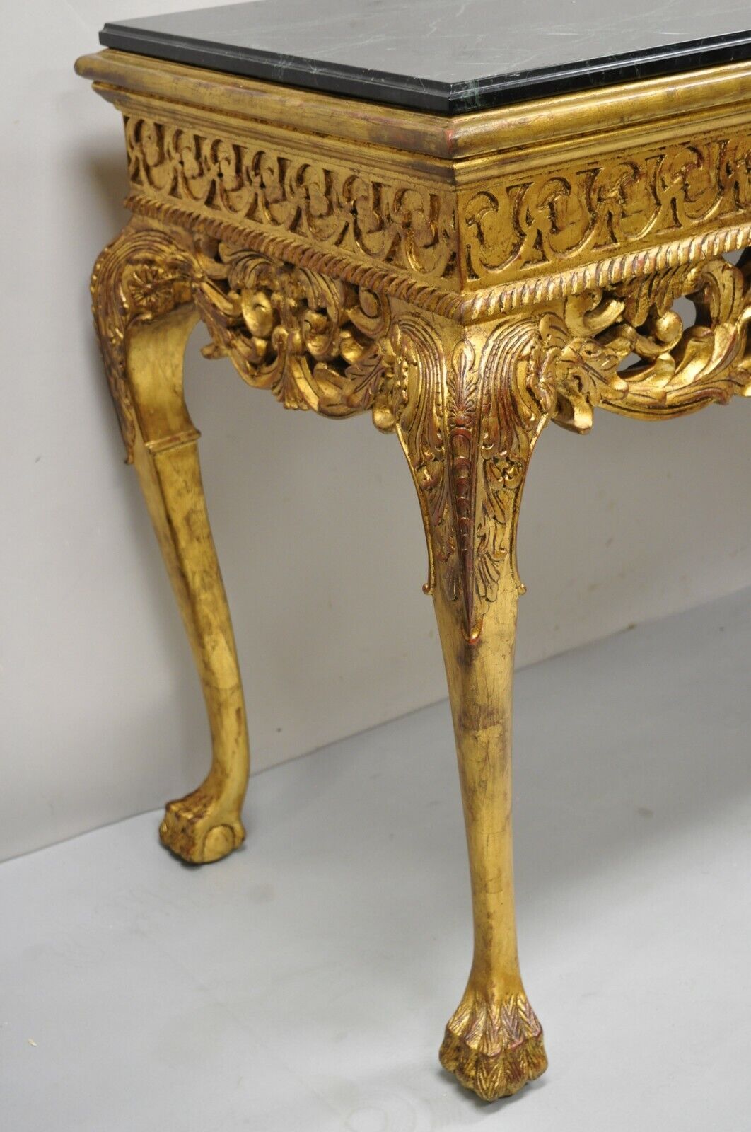 Vtg English Georgian Gold Gilt 72" Green Marble Top Paw Feet Console Hall Table