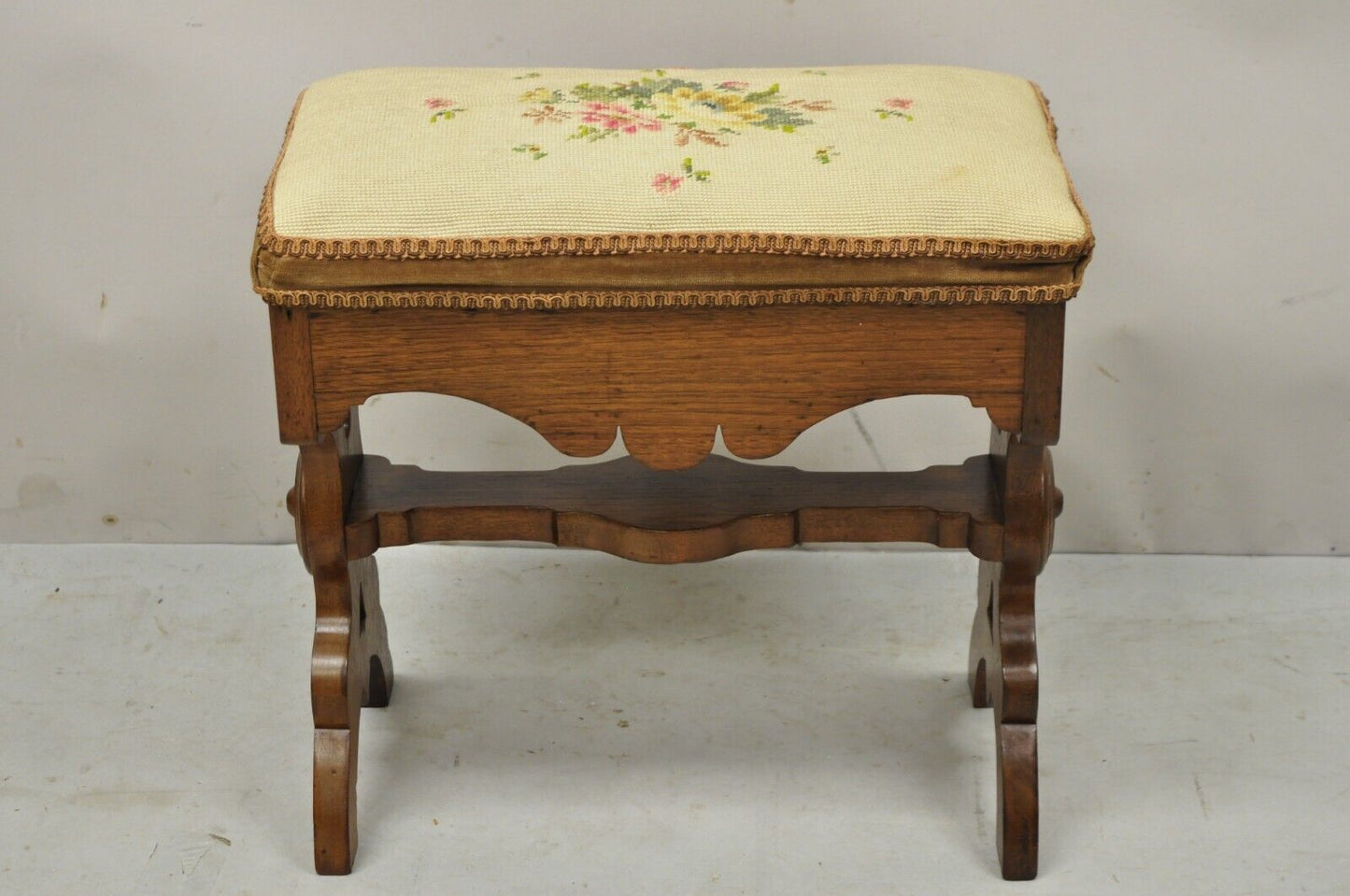 Antique Eastlake Victorian Carved Walnut Stool Bench with Needlepoint Seat