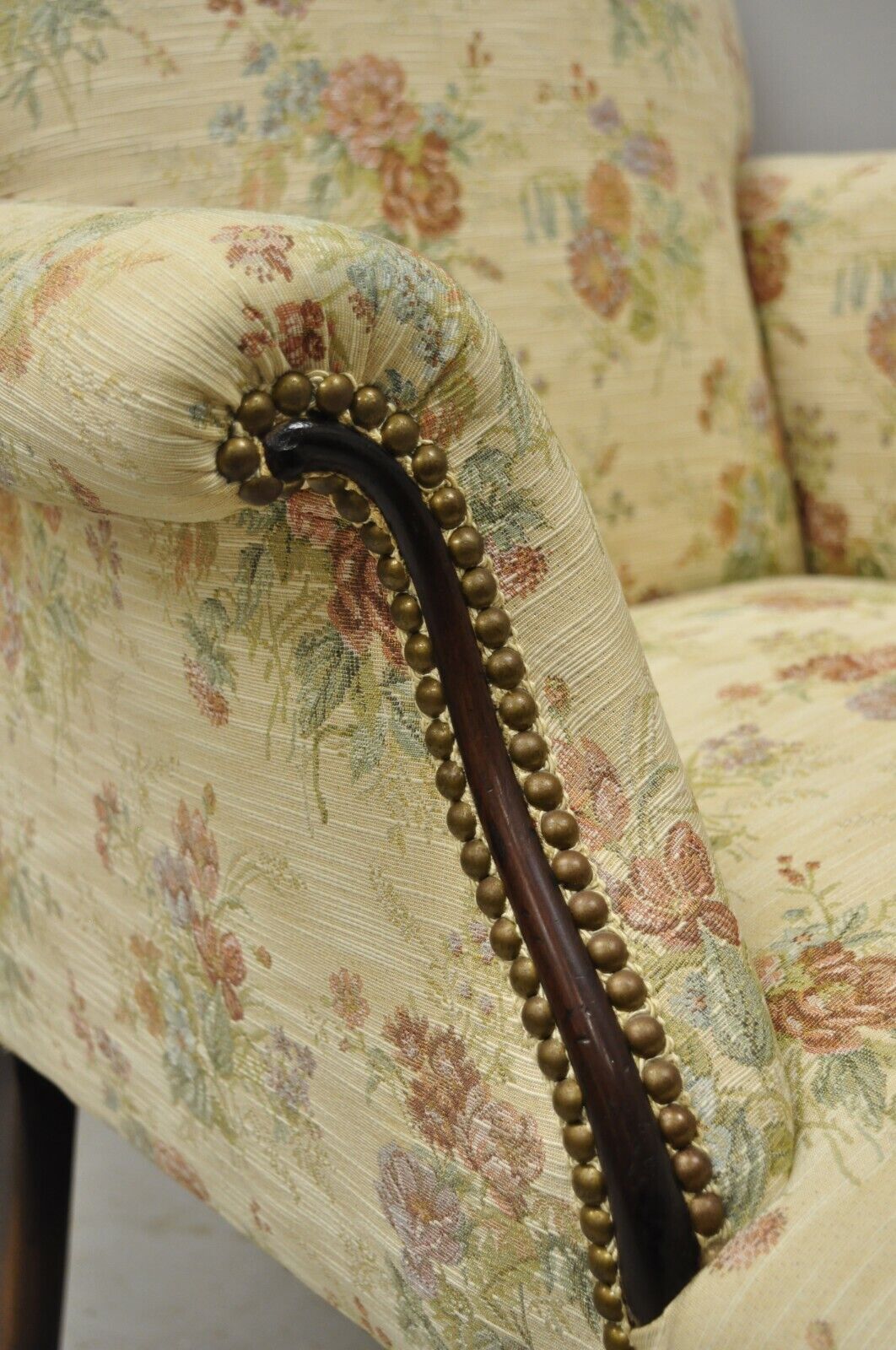 Antique Victorian French Carved Mahogany Upholstered Bergere Lounge Arm Chair
