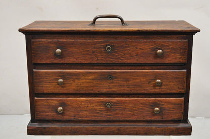 Antique Primitive Rustic Oak Wood 3 Drawer Tool Box Storage Chest with Handle