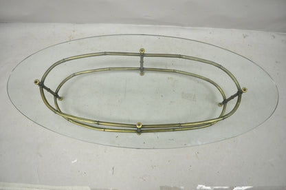 Vintage Hollywood Regency Brass Faux Bamboo Oval Glass Top Italian Coffee Table