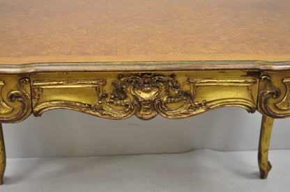 19th C French Louis XV Style Gold Gilt Small Writing Desk w Marquetry Inlaid Top