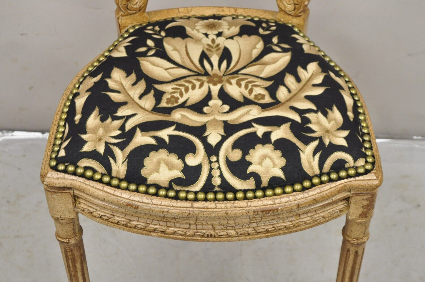 Vintage French Louis XVI Style Petite Carved Wood Cream Boudoir Vanity Chair