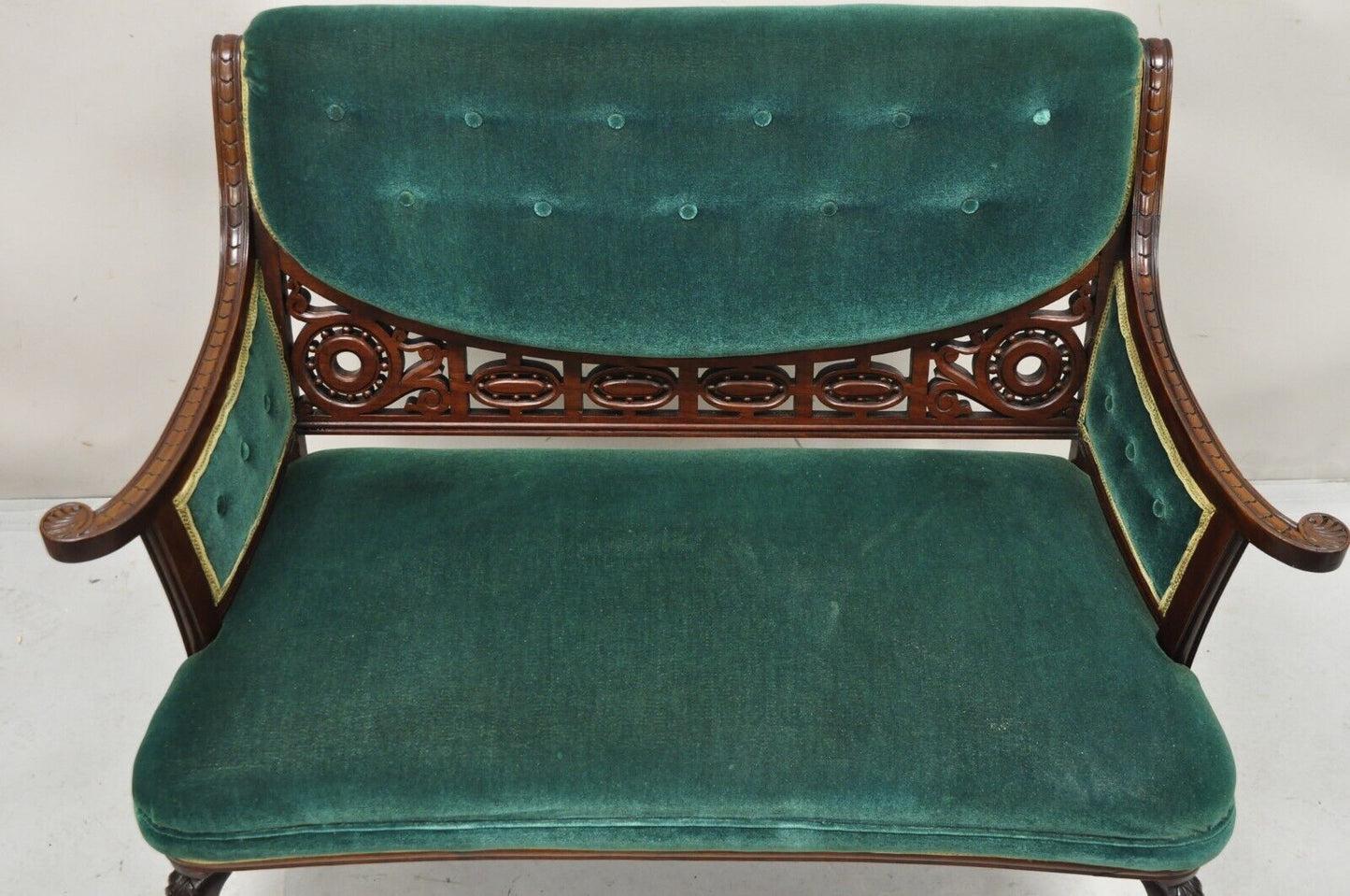 Antique Victorian Green Mohair Fretwork Carved Mahogany Parlor Loveseat Settee