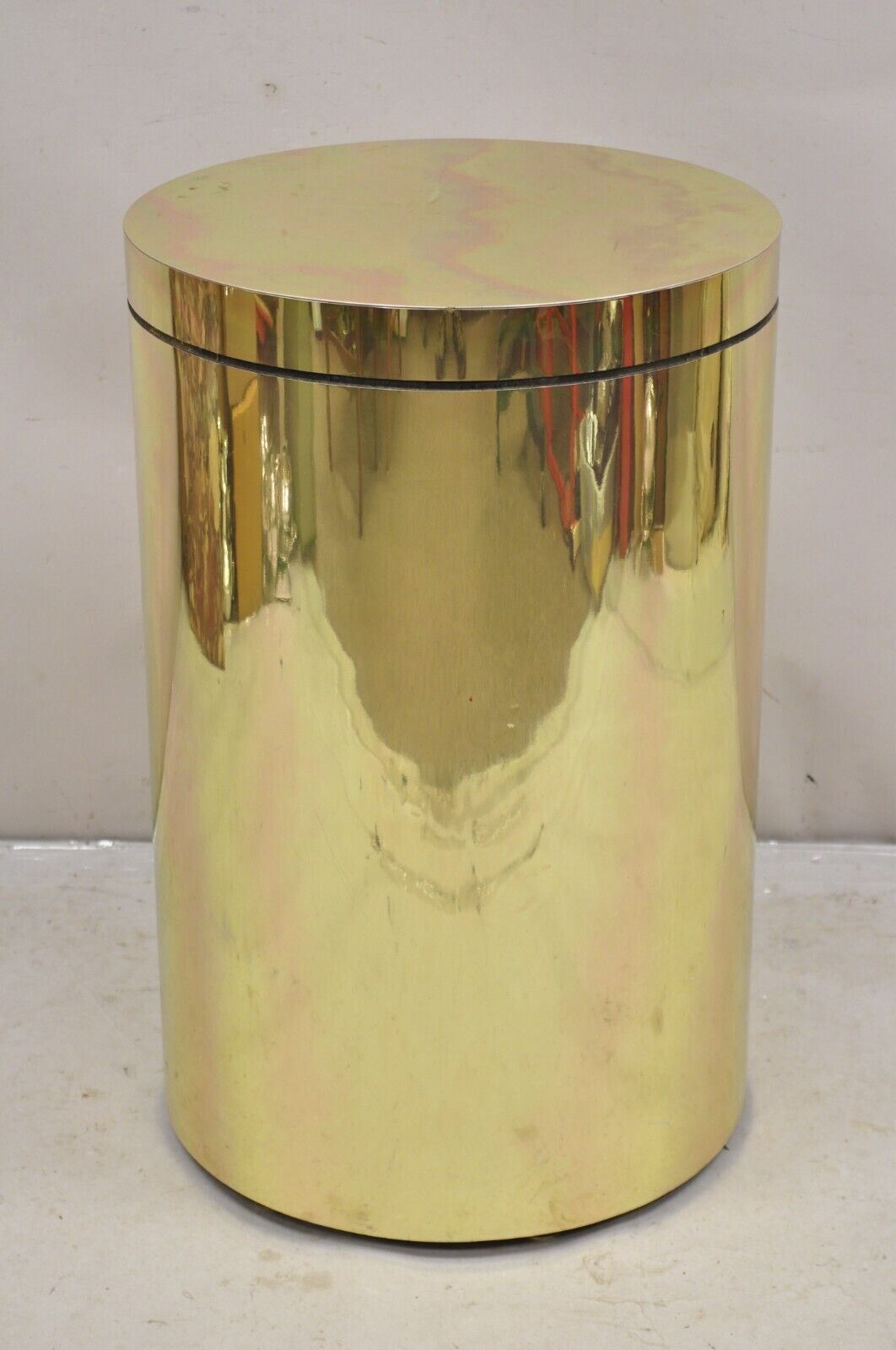 Vintage Mid Century Modern Wrapped Brass Clad Cylinder Gold Pedestal Side Table