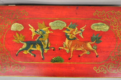 Tibetan Red and Green Hand Painted Wooden Buffet Cabinet Chest w/ Horse & Dragon