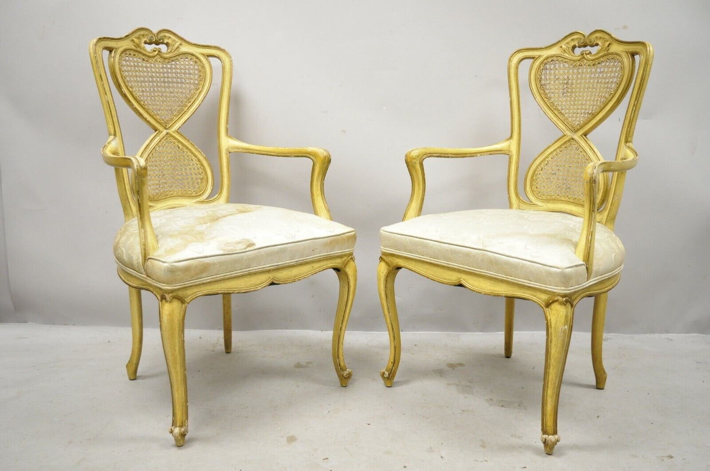 Vintage Italian Provincial French Louis XV Yellow Cane Back Dining Arm Chairs