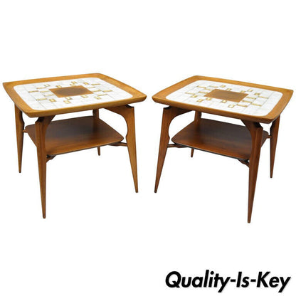 Pair of Mid Century Danish Modern Walnut & Tile Dish Top Sculptural End Tables