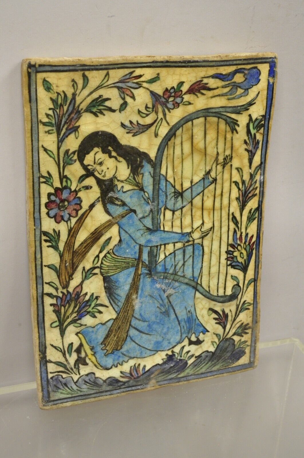 Antique Persian Iznik Qajar Style Ceramic Pottery Tile Woman Playing Harp C1