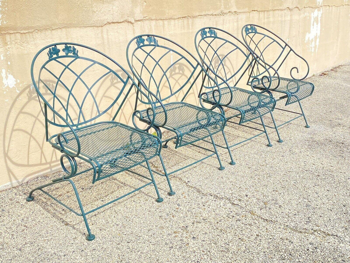 Vintage Woodard Wrought Iron Green Spring Bouncy Patio Dining Set - Set of 5