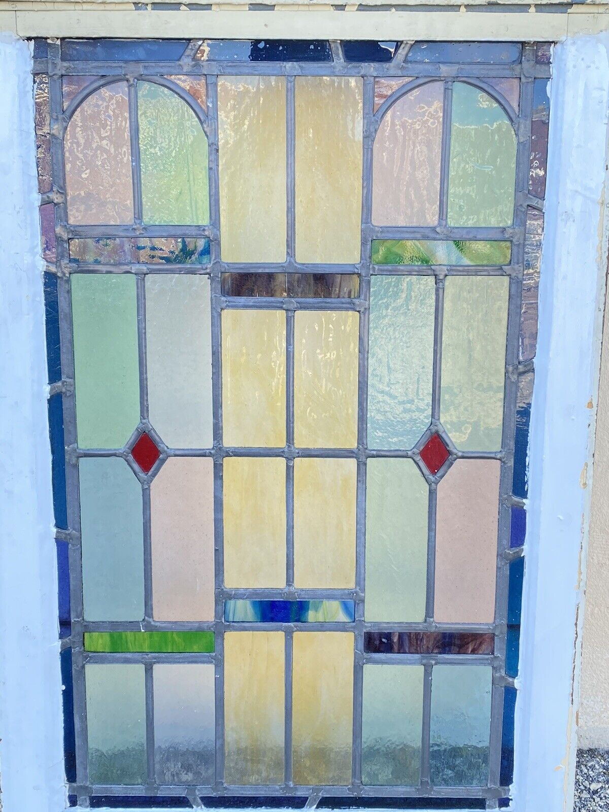 Antique Art Deco Leaded Stained Glass Pink Green Blue Yellow Windows - (2) Pair